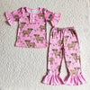 Ruffled Pink Short Sleeve Highland Cow Two Pc Set