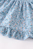 Blue floral smocked  puff sleeve ruffle dress