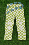 LIME GREEN CHECKER PRINTED DISTRESSED DENIM PANTS